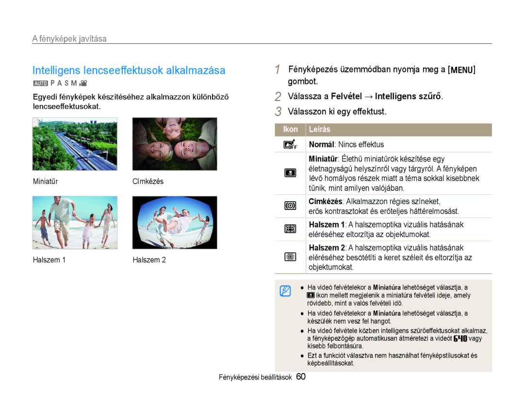 Samsung EC-WB600ZBPNIT manual Intelligens lencseeffektusok alkalmazása, Fényképek javítása, Válasszon ki egy effektust 