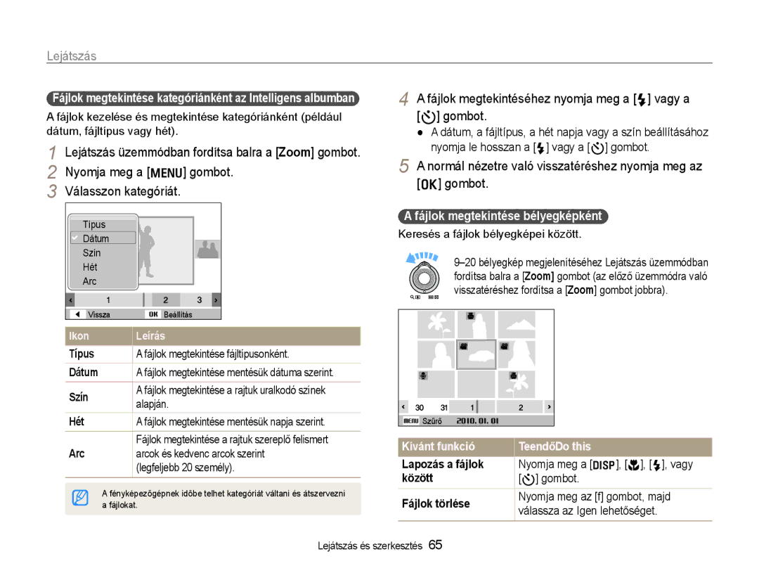 Samsung EC-WB600ZBPAIT manual Fájlok megtekintéséhez nyomja meg a F vagy a t gombot, Fájlok megtekintése bélyegképként 