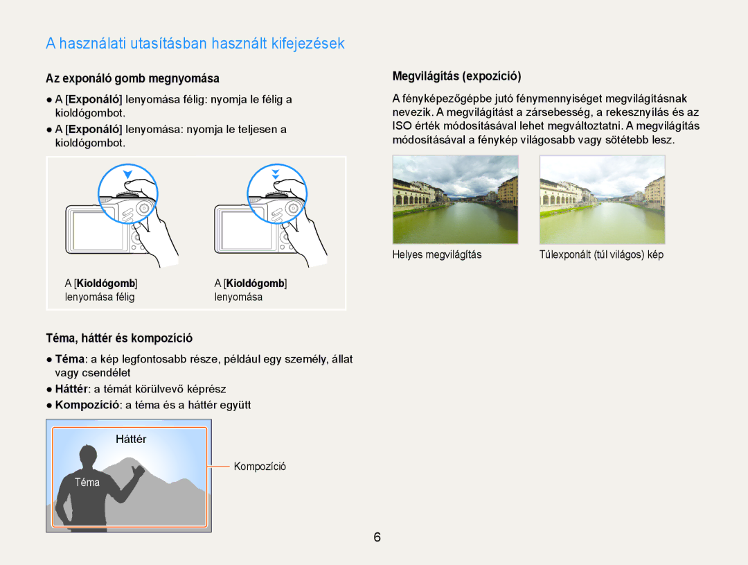 Samsung EC-WB600ZBPNIT manual Használati utasításban használt kifejezések, Kioldógomb, Lenyomása félig Helyes megvilágítás 