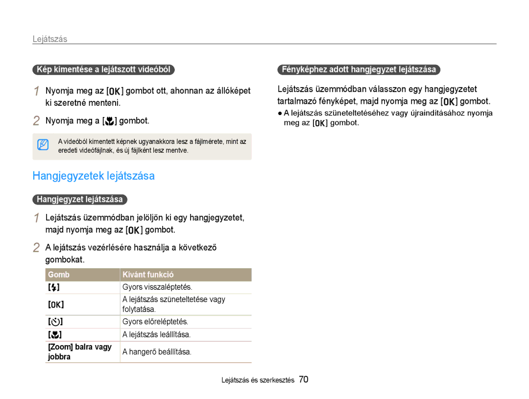 Samsung EC-WB600ZBPBE2 manual Hangjegyzetek lejátszása, Kép kimentése a lejátszott videóból, Hangjegyzet lejátszása 