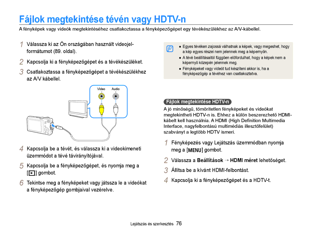 Samsung EC-WB600ZBPBE2, EC-WB600ZBPAIT, EC-WB600ZBPNIT Fájlok megtekintése tévén vagy HDTV-n, Fájlok megtekintése HDTV-n 