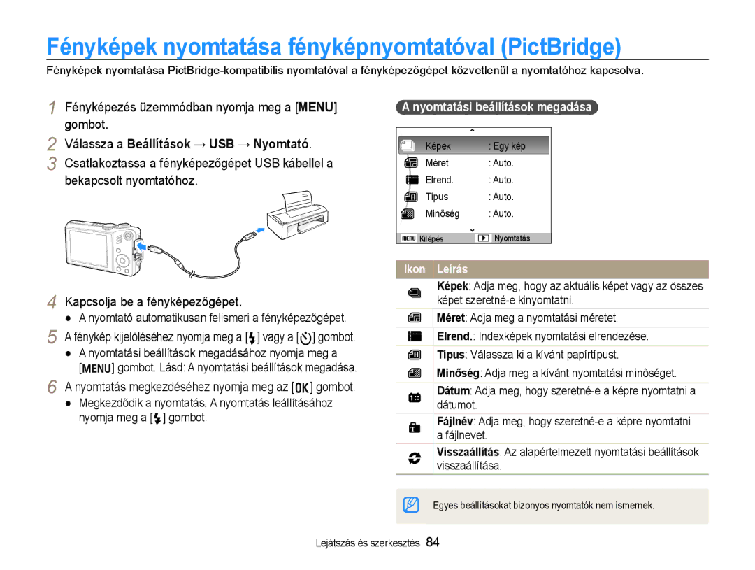 Samsung EC-WB600ZBPNIT Fényképek nyomtatása fényképnyomtatóval PictBridge, Fényképezés üzemmódban nyomja meg a Menu gombot 