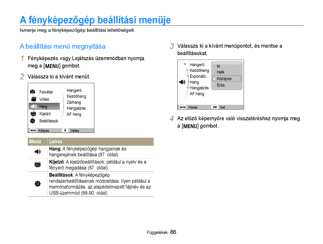 Samsung EC-WB600ZBPNE3, EC-WB600ZBPAIT manual Fényképezőgép beállítási menüje, Beállítási menü megnyitása, Menü Leírás 