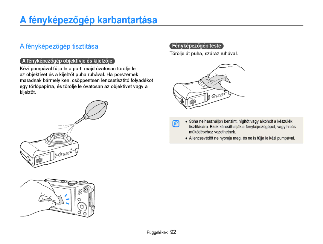 Samsung EC-WB600ZBPNE3 manual Fényképezőgép karbantartása, Fényképezőgép tisztítása, Fényképezőgép objektívje és kijelzője 