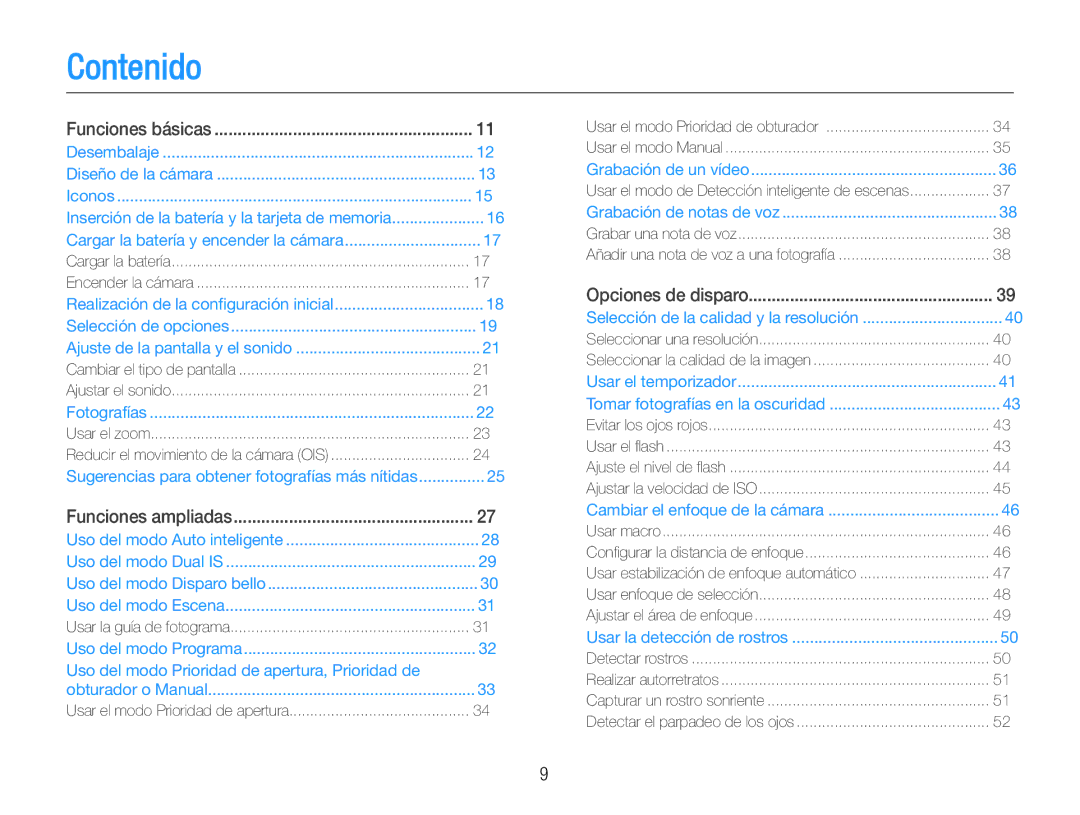 Samsung EC-WB600ZBPBE3, EC-WB600ZBPBE1, EC-WB600ZBPNE1, EC-WB600ZBPAE1 manual Contenido, Funciones básicas 