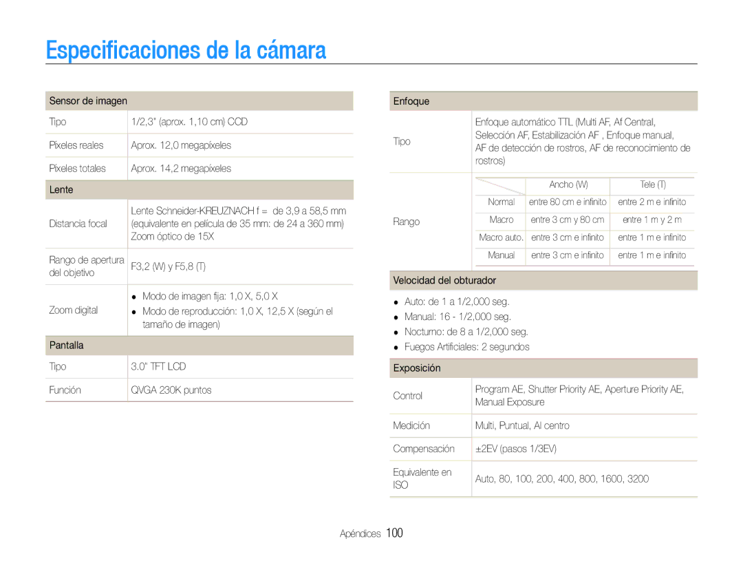 Samsung EC-WB600ZBPNE1, EC-WB600ZBPBE1, EC-WB600ZBPBE3, EC-WB600ZBPAE1 manual Especificaciones de la cámara 