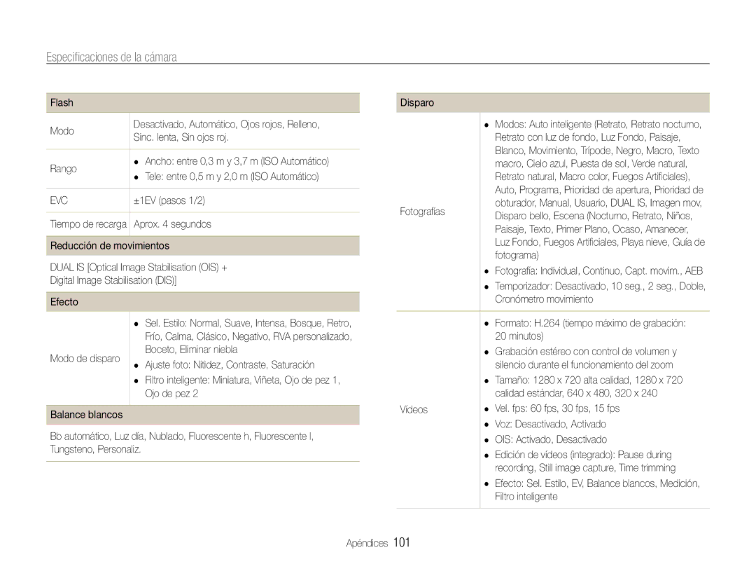 Samsung EC-WB600ZBPBE3, EC-WB600ZBPBE1, EC-WB600ZBPNE1, EC-WB600ZBPAE1 manual Especiﬁcaciones de la cámara 