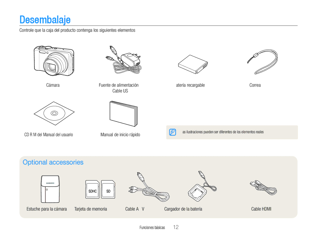 Samsung EC-WB600ZBPNE1 manual Desembalaje, Optional accessories, CD-ROM del Manual del usuario, Batería recargable 