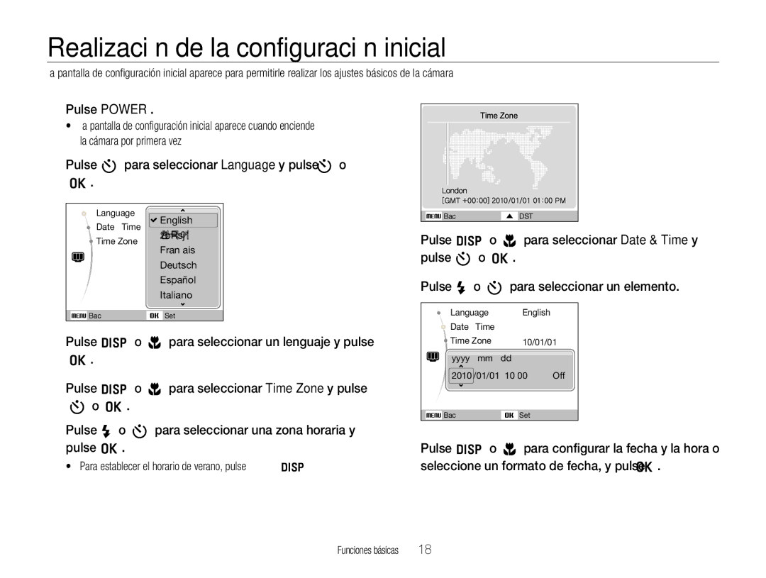 Samsung EC-WB600ZBPAE1 Realización de la configuración inicial, Pulse Power, Pulse t para seleccionar Language y pulse t o 