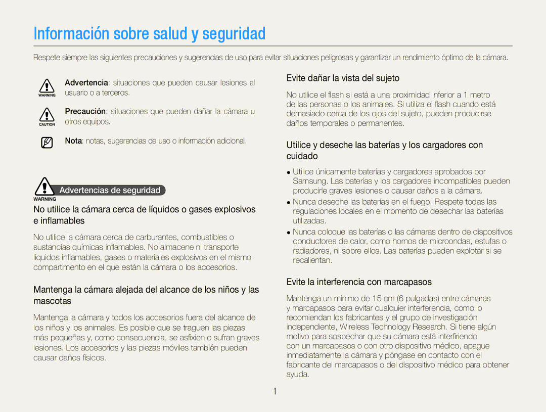 Samsung EC-WB600ZBPBE3 manual Evite dañar la vista del sujeto, Utilice y deseche las baterías y los cargadores con cuidado 