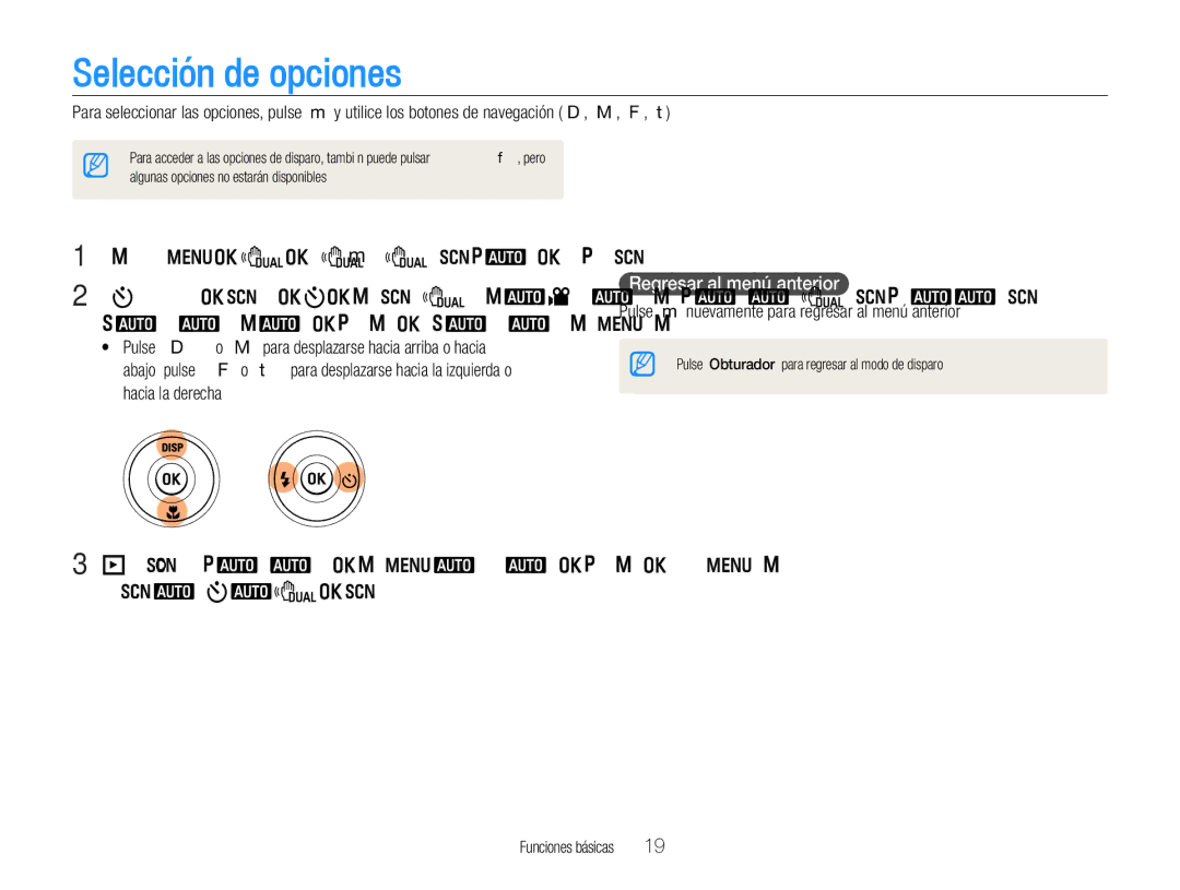 Samsung EC-WB600ZBPBE1, EC-WB600ZBPNE1 Selección de opciones, En el modo de disparo, pulse m, Regresar al menú anterior 