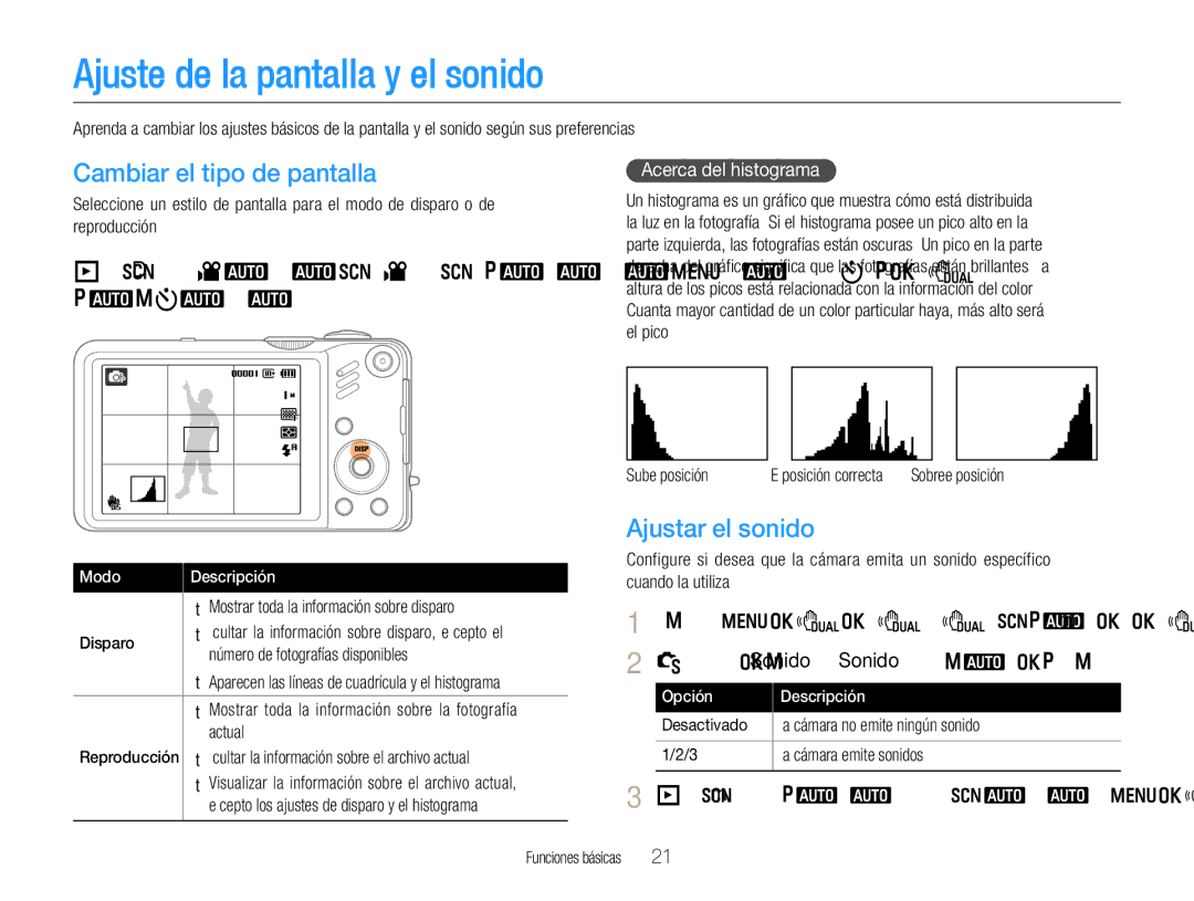 Samsung EC-WB600ZBPBE3, EC-WB600ZBPBE1 Ajuste de la pantalla y el sonido, Cambiar el tipo de pantalla, Ajustar el sonido 