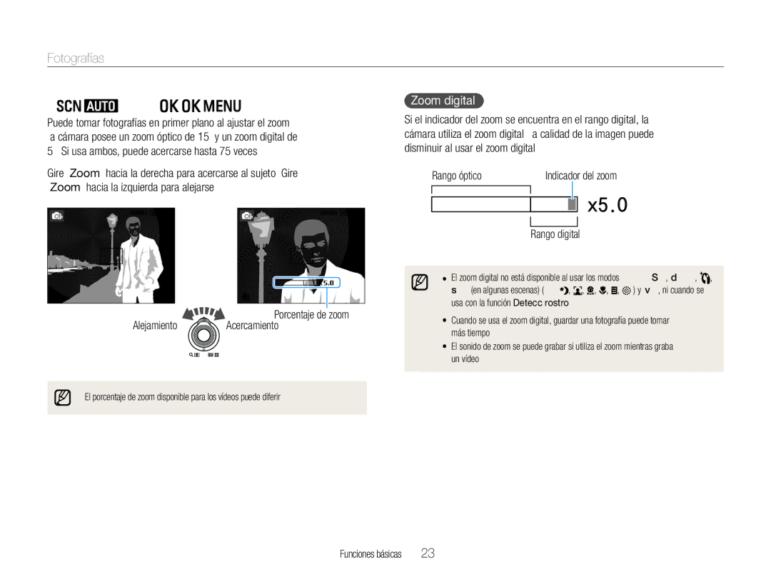 Samsung EC-WB600ZBPBE1 manual Usar el zoom, Fotografías, Zoom digital, Porcentaje de zoom Acercamiento Rango digital 