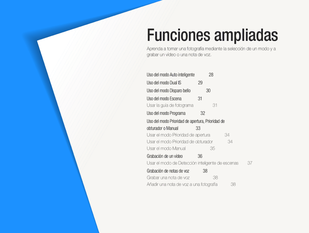 Samsung EC-WB600ZBPBE1, EC-WB600ZBPNE1, EC-WB600ZBPBE3, EC-WB600ZBPAE1 manual Funciones ampliadas 