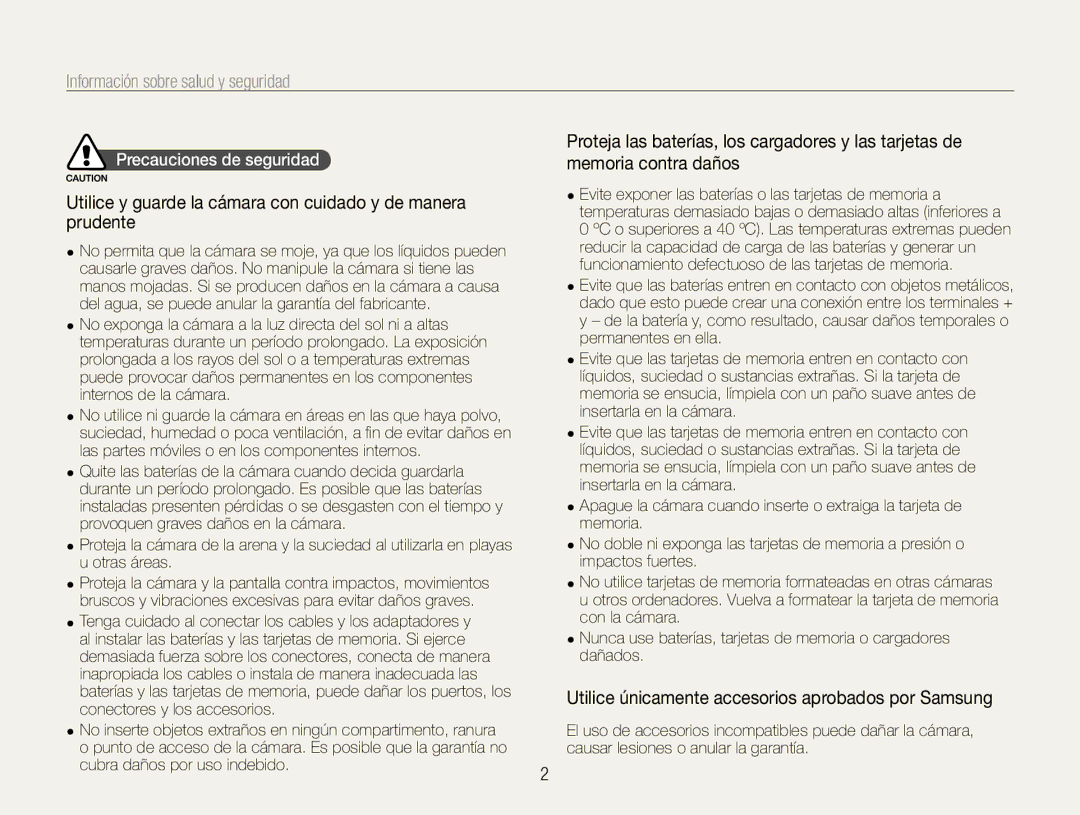 Samsung EC-WB600ZBPAE1 Información sobre salud y seguridad, Utilice y guarde la cámara con cuidado y de manera prudente 