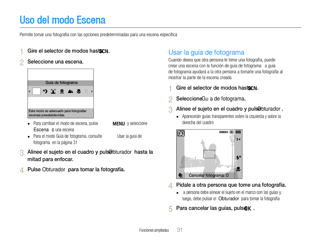 Samsung EC-WB600ZBPBE1 manual Uso del modo Escena, Usar la guía de fotograma, Pídale a otra persona que tome una fotografía 