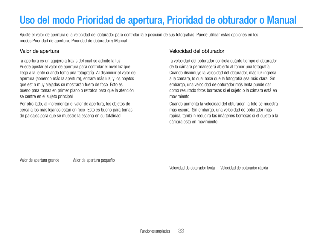 Samsung EC-WB600ZBPBE3, EC-WB600ZBPBE1, EC-WB600ZBPNE1, EC-WB600ZBPAE1 manual Valor de apertura, Velocidad del obturador 