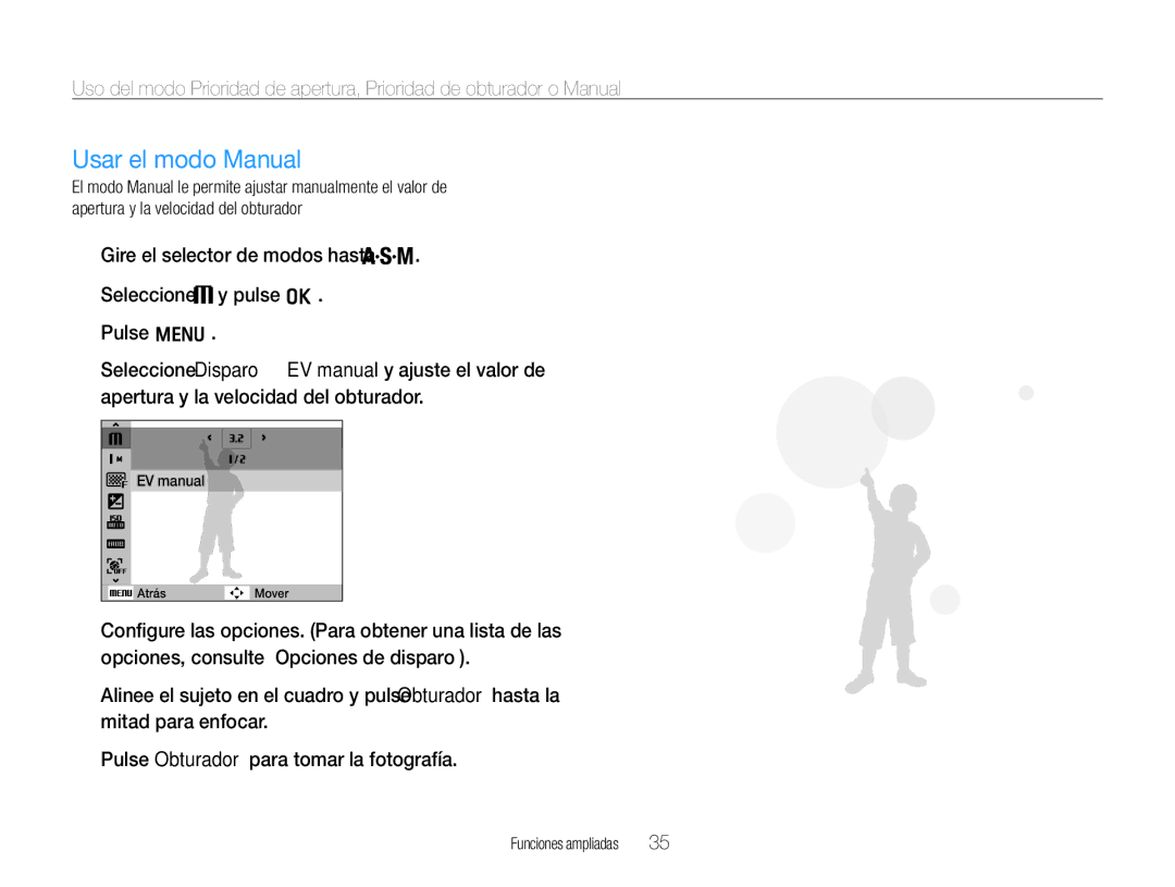 Samsung EC-WB600ZBPBE1, EC-WB600ZBPNE1 Usar el modo Manual, Seleccione Disparo ¢ EV manual y ajuste el valor de 