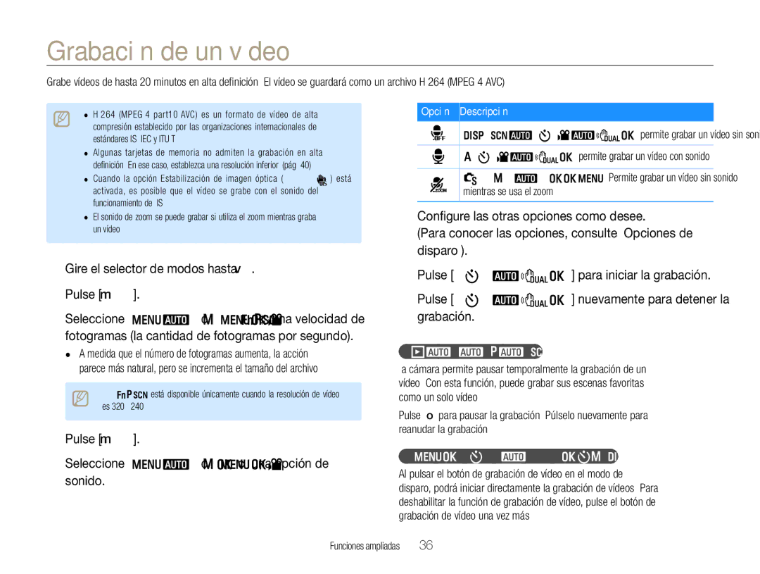 Samsung EC-WB600ZBPNE1 manual Grabación de un vídeo, Gire el selector de modos hasta Pulse m, Para pausar la grabación 