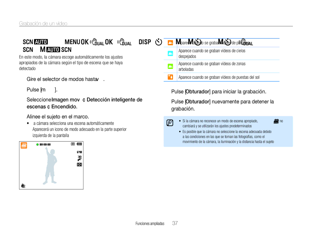 Samsung EC-WB600ZBPBE3, EC-WB600ZBPBE1 manual Usar el modo de Detección inteligente de escenas, Grabación de un vídeo 