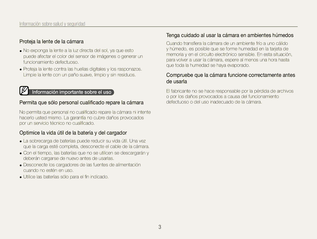 Samsung EC-WB600ZBPBE1 manual Permita que sólo personal cualiﬁcado repare la cámara, Información importante sobre el uso 