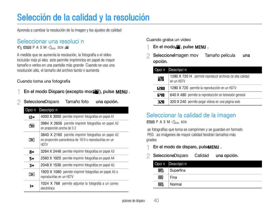 Samsung EC-WB600ZBPNE1, EC-WB600ZBPBE1 manual Selección de la calidad y la resolución, Seleccionar una resolución, Opción 