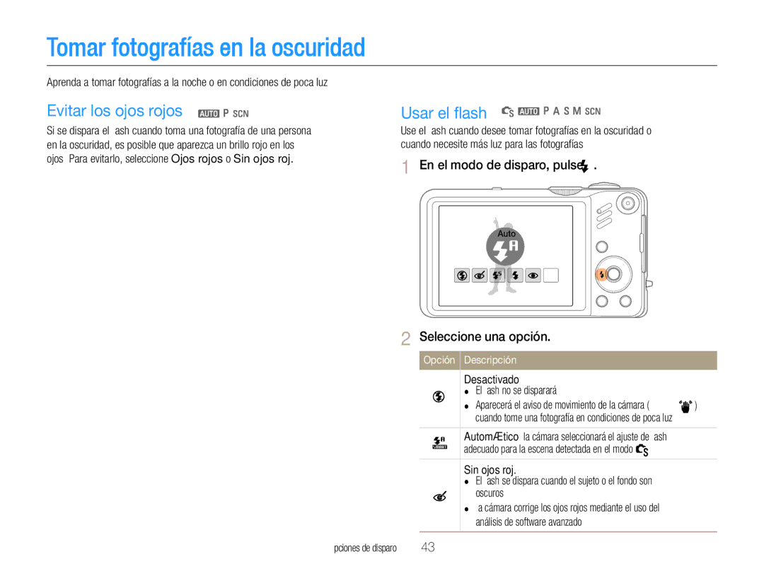 Samsung EC-WB600ZBPBE1 manual Tomar fotografías en la oscuridad, Evitar los ojos rojos a p s, Usar el ﬂash S a p a h n s 