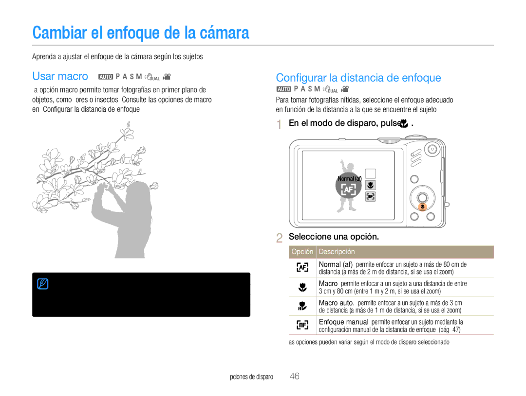 Samsung EC-WB600ZBPAE1, EC-WB600ZBPBE1, EC-WB600ZBPNE1 Cambiar el enfoque de la cámara, Conﬁgurar la distancia de enfoque 