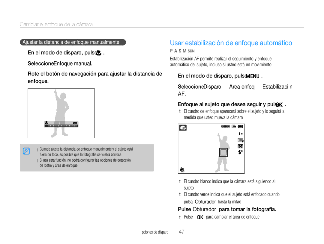 Samsung EC-WB600ZBPBE1, EC-WB600ZBPNE1 manual Usar estabilización de enfoque automático, Cambiar el enfoque de la cámara 