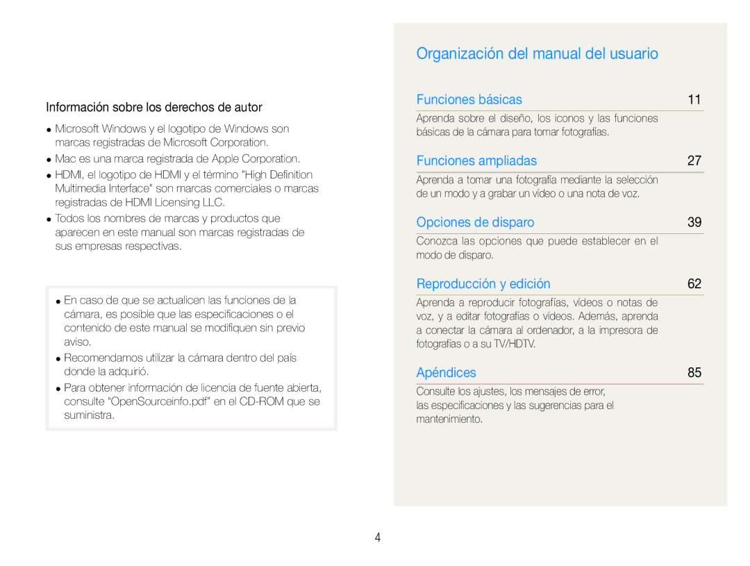 Samsung EC-WB600ZBPNE1, EC-WB600ZBPBE1 Organización del manual del usuario, Información sobre los derechos de autor 