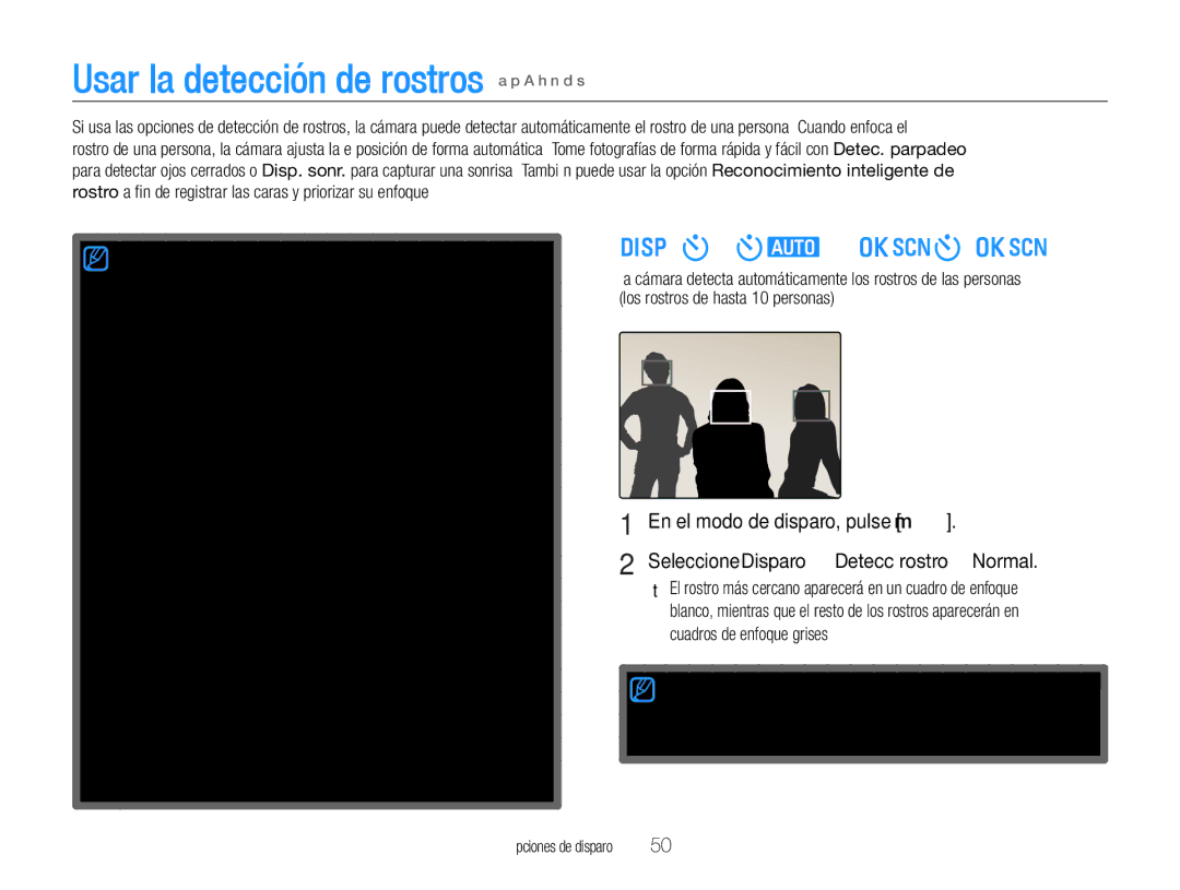 Samsung EC-WB600ZBPAE1, EC-WB600ZBPBE1, EC-WB600ZBPNE1 manual Usar la detección de rostros a p a h n d s, Detectar rostros 