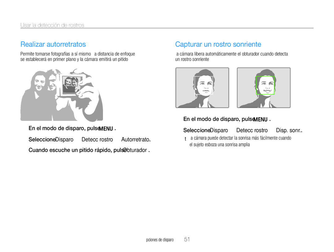 Samsung EC-WB600ZBPBE1, EC-WB600ZBPNE1 Realizar autorretratos, Capturar un rostro sonriente, Usar la detección de rostros 