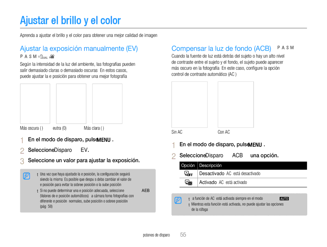 Samsung EC-WB600ZBPBE1, EC-WB600ZBPNE1 Ajustar el brillo y el color, Ajustar la exposición manualmente EV, Sin ACB 