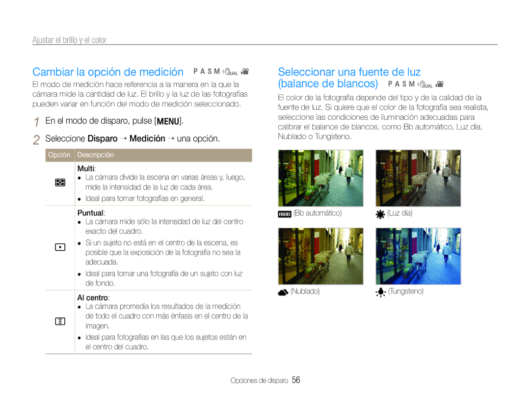 Samsung EC-WB600ZBPNE1 Cambiar la opción de medición p a h n d, Seleccionar una fuente de luz balance de blancos, Multi 