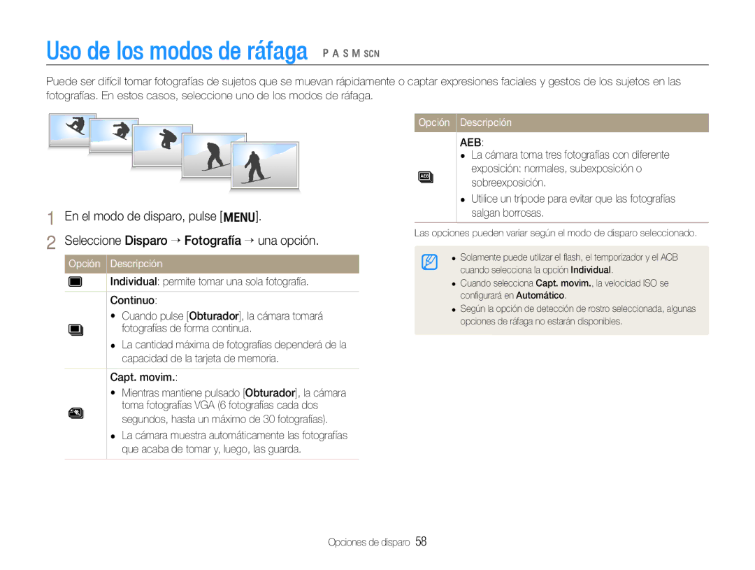 Samsung EC-WB600ZBPAE1 Uso de los modos de ráfaga p a h n s, Seleccione Disparo ¢Fotografía ¢ una opción, Capt. movim 