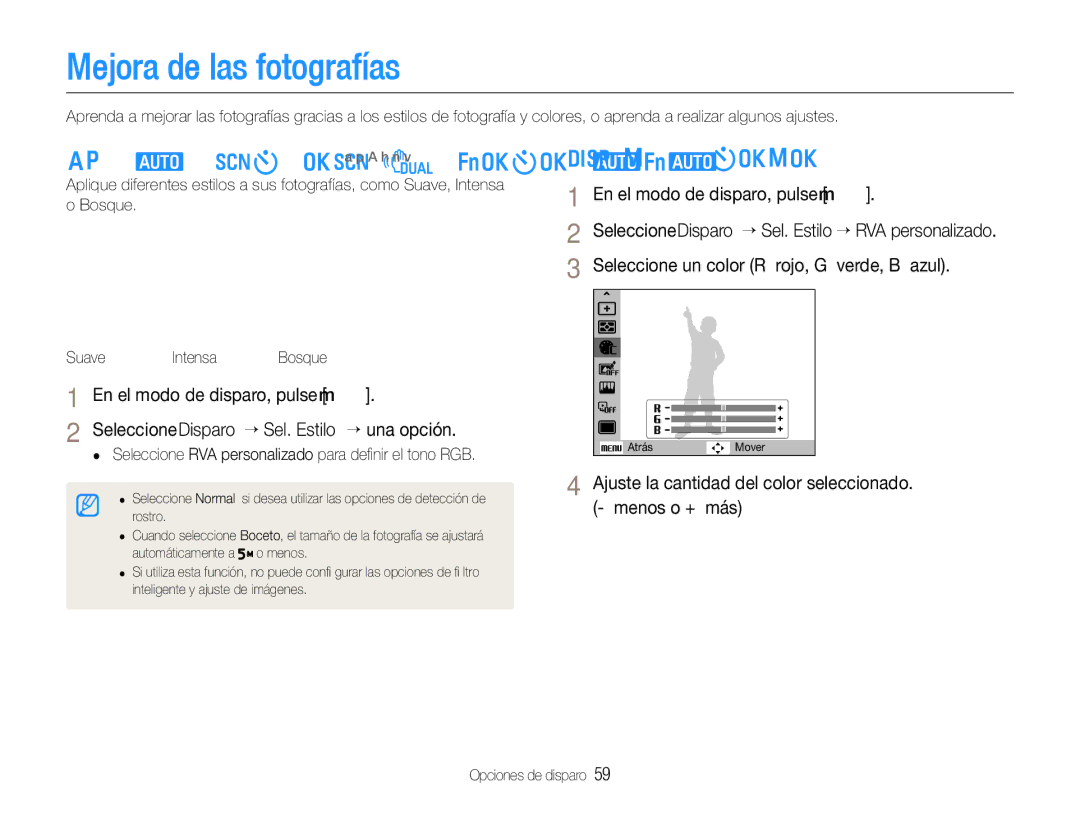 Samsung EC-WB600ZBPBE1 manual Mejora de las fotografías, Aplicar estilos de fotografía a p a h n, Deﬁnir el tono RGB 