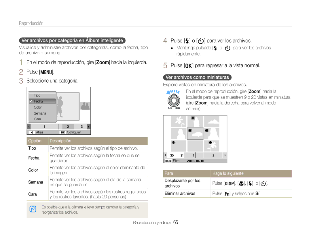 Samsung EC-WB600ZBPBE3, EC-WB600ZBPBE1 Pulse F o t para ver los archivos, Pulse o para regresar a la vista normal, Para 