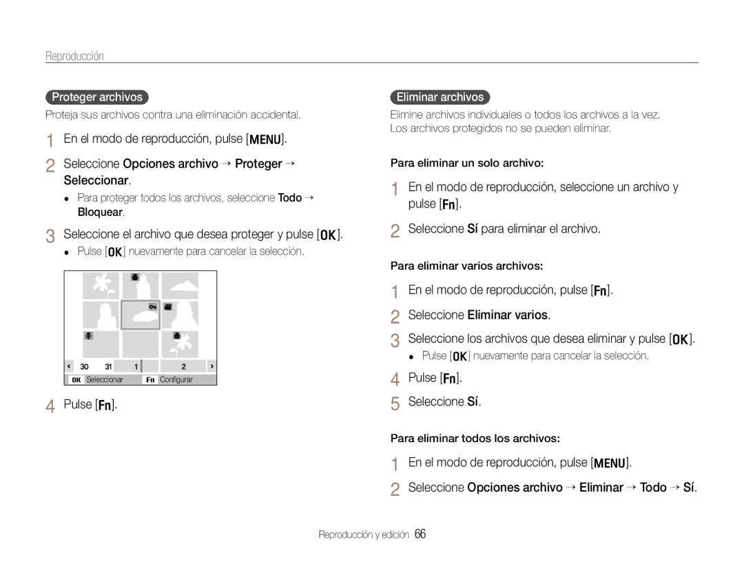 Samsung EC-WB600ZBPAE1 Seleccione el archivo que desea proteger y pulse o, Pulse f Seleccione Sí, Proteger archivos 