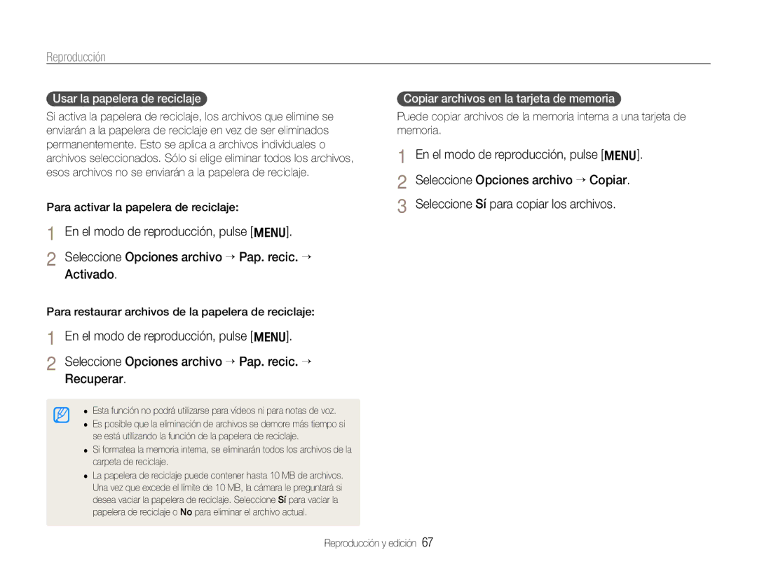 Samsung EC-WB600ZBPBE1, EC-WB600ZBPNE1 manual Usar la papelera de reciclaje, Copiar archivos en la tarjeta de memoria 