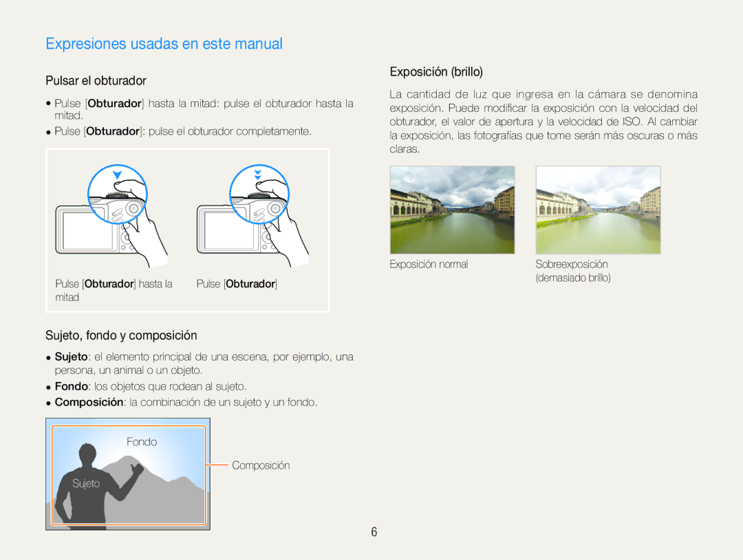 Samsung EC-WB600ZBPAE1, EC-WB600ZBPBE1 Expresiones usadas en este manual, Pulsar el obturador, Sujeto, fondo y composición 