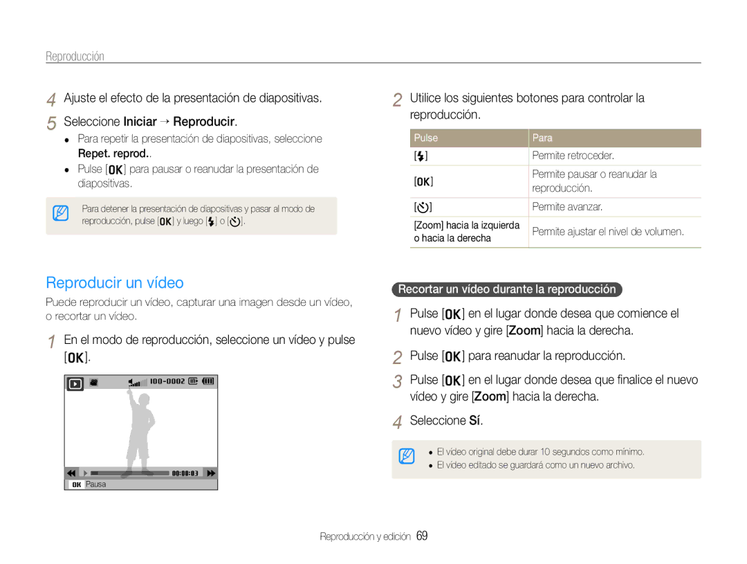 Samsung EC-WB600ZBPBE3 manual Reproducir un vídeo, En el modo de reproducción, seleccione un vídeo y pulse o, Pulse Para 
