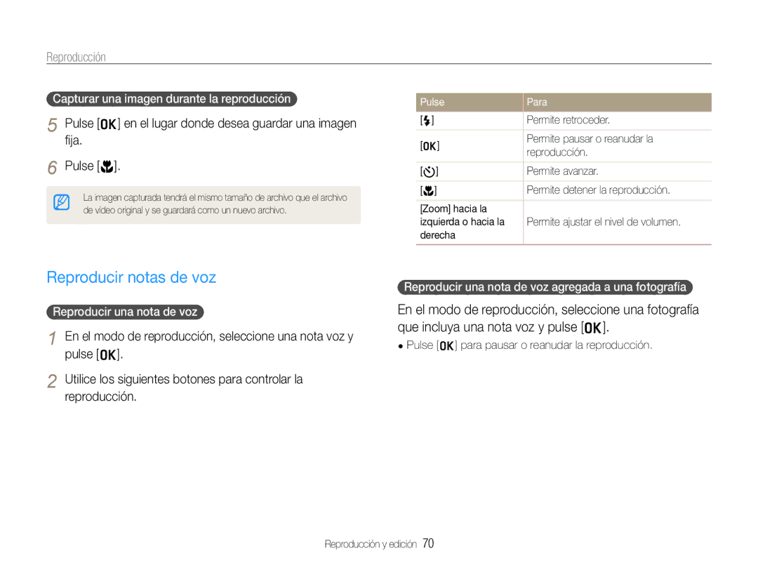 Samsung EC-WB600ZBPAE1 Reproducir notas de voz, Capturar una imagen durante la reproducción, Reproducir una nota de voz 