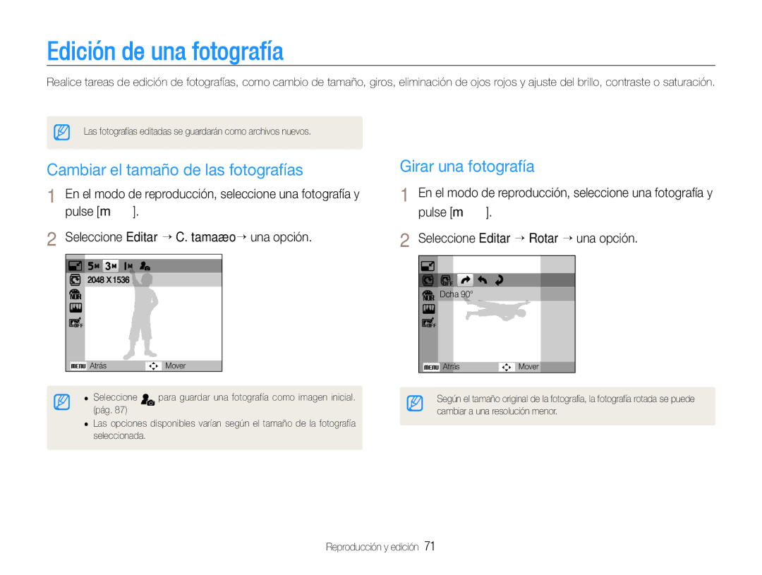 Samsung EC-WB600ZBPBE1 manual Edición de una fotografía, Cambiar el tamaño de las fotografías, Girar una fotografía 