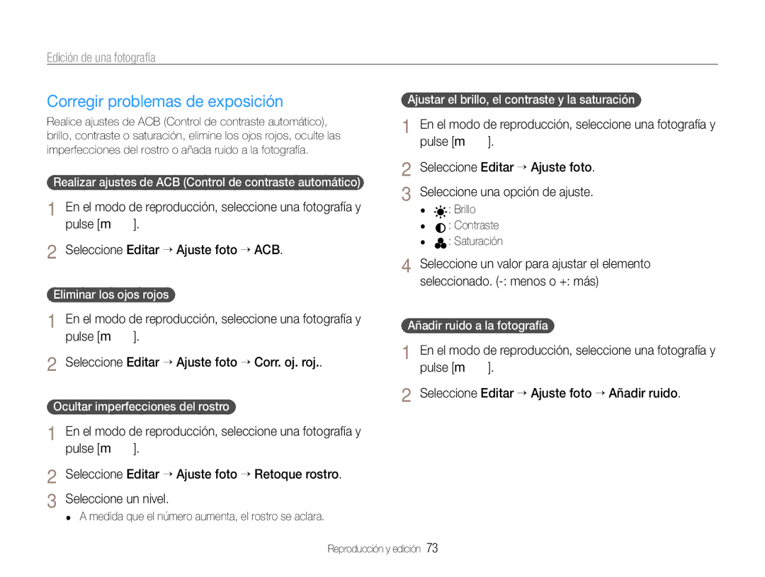 Samsung EC-WB600ZBPBE3, EC-WB600ZBPBE1, EC-WB600ZBPNE1, EC-WB600ZBPAE1 manual Corregir problemas de exposición 