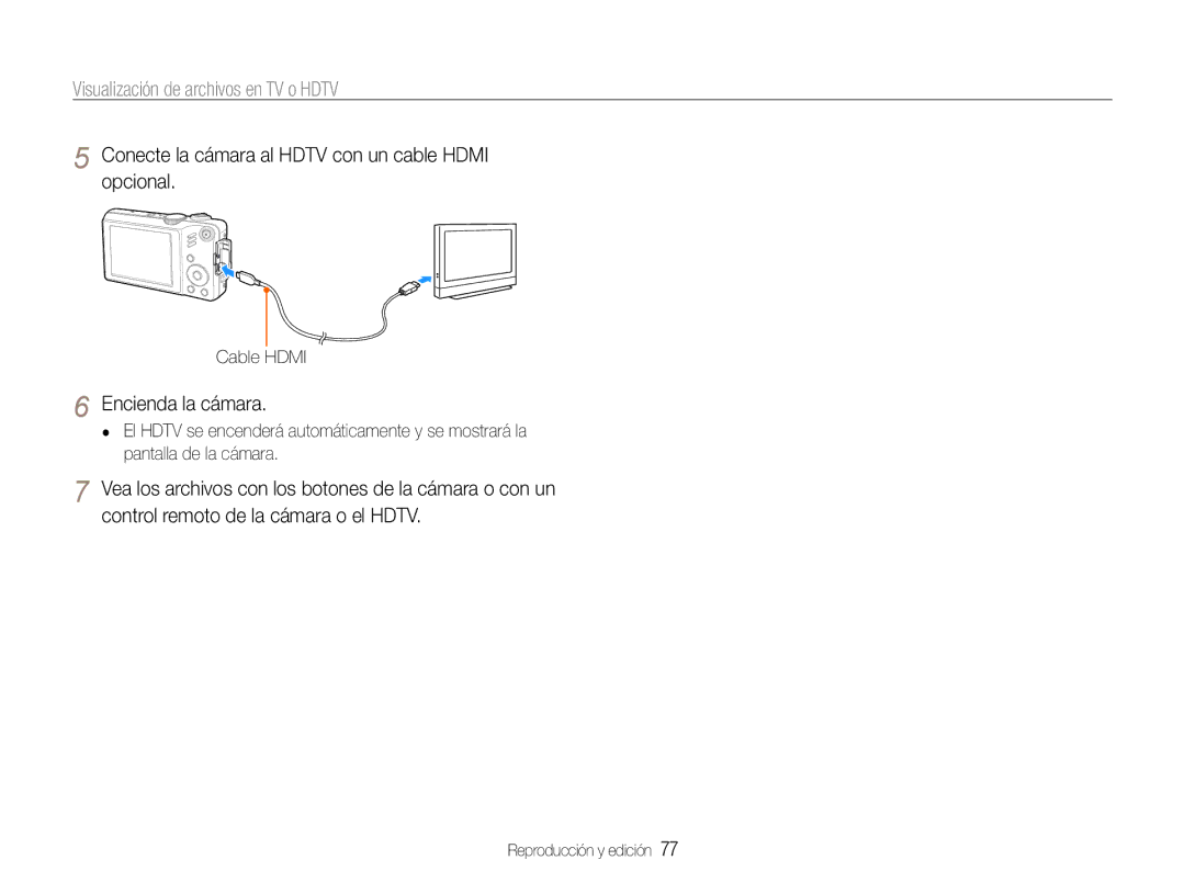 Samsung EC-WB600ZBPBE3 manual Visualización de archivos en TV o Hdtv, Conecte la cámara al Hdtv con un cable Hdmi opcional 