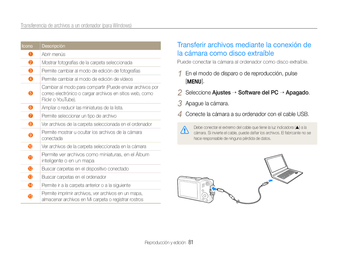 Samsung EC-WB600ZBPBE3, EC-WB600ZBPBE1 manual Icono Descripción, Puede conectar la cámara al ordenador como disco extraíble 