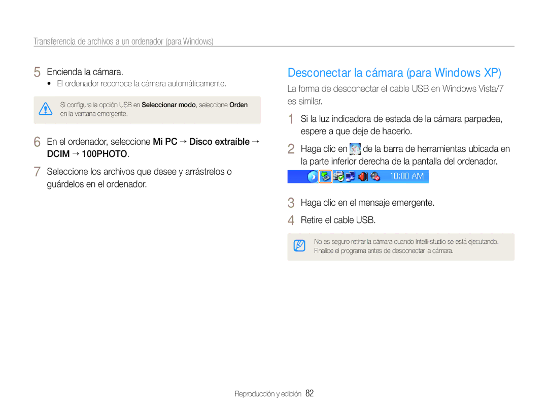 Samsung EC-WB600ZBPAE1 manual Desconectar la cámara para Windows XP, Haga clic en el mensaje emergente Retire el cable USB 