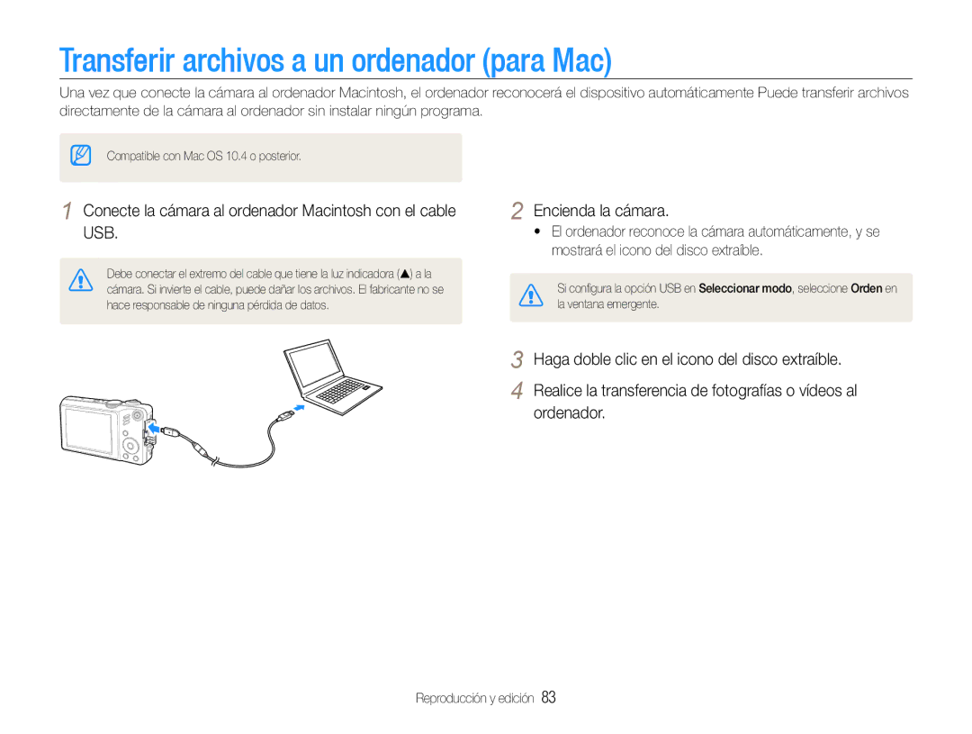 Samsung EC-WB600ZBPBE1, EC-WB600ZBPNE1, EC-WB600ZBPBE3, EC-WB600ZBPAE1 manual Transferir archivos a un ordenador para Mac 