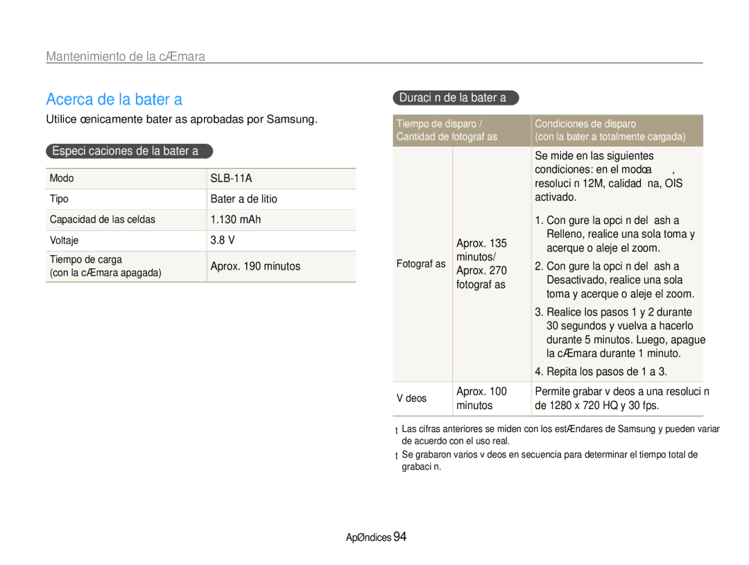 Samsung EC-WB600ZBPAE1, EC-WB600ZBPBE1 manual Acerca de la batería, Especiﬁcaciones de la batería, Duración de la batería 