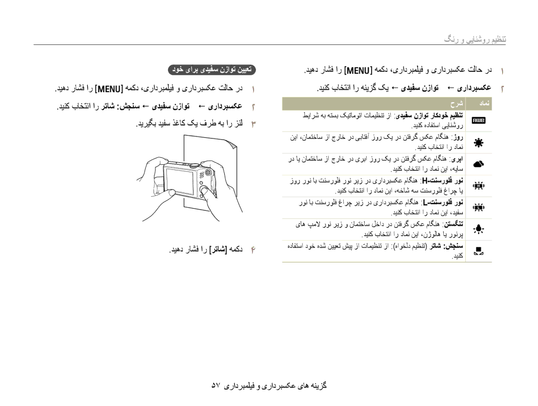 Samsung EC-WB600ZBPBSA manual ۵٧ یﺭﺍﺩﺮﺒﻤﻠﻴﻓ ﻭ یﺭﺍﺩﺮﺒﺴﮑﻋ یﺎﻫ ﻪﻨﻳﺰﮔ, ﺩﻮﺧ یﺍﺮﺑ یﺪﻴﻔﺳ ﻥﺯﺍﻮﺗ ﻦﻴﻴﻌﺗ, ﺪﻴﻨﮐ ﻩﺩﺎﻔﺘﺳﺍ ﯽﻳﺎﻨﺷﻭﺭ 